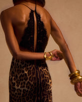 Halter Deep V-Neck Lace and Satin Leopard-Print Splicing Mermaid Dress
