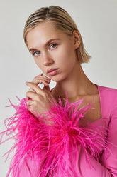Vintage Square-Neck Corset Blazer Ostrich-Feather Cuff Long-Sleeve Dress