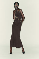 High-Neck Sleeveless Ruched Metal-Chain-Detail Bodycon Dress