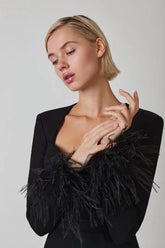 Vintage Square-Neck Corset Blazer Ostrich-Feather Cuff Long-Sleeve Dress