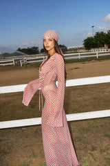 Long-Sleeve V-Neck Tie-Detail Striped Mesh Dress