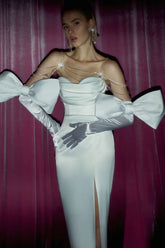 Rhinestone-Strap Bandeau-Style Slit Back-Bow Satin Dress