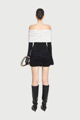 Off-Shoulder Long Sleeve Slight Flared Cuffs Ruched Bodycon Dress
