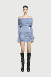 Off-Shoulder Ruched Knit Mini Dress