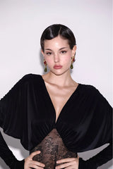 V-Neck Long-Sleeve Lace-Splicing Waist A-Line Mini Dress