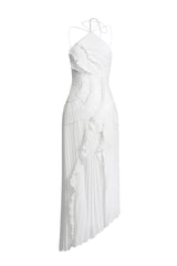 Double Tie Design Halter Spaghetti Strap Ruched Asymmetrical Hem Dress