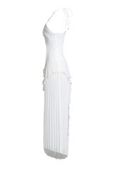 Double Tie Design Halter Spaghetti Strap Ruched Asymmetrical Hem Dress