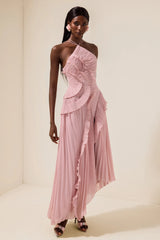 Double Tie Design Halter Spaghetti Strap Ruched Asymmetrical Hem Dress