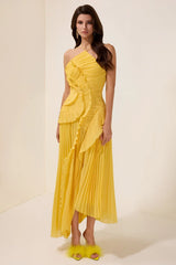 Double Tie Design Halter Spaghetti Strap Ruched Asymmetrical Hem Dress
