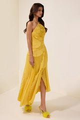 Double Tie Design Halter Spaghetti Strap Ruched Asymmetrical Hem Dress