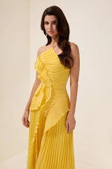 Double Tie Design Halter Spaghetti Strap Ruched Asymmetrical Hem Dress