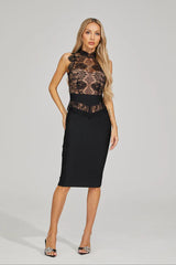 Lace Splicing Mid-High Crew-Neck Sleeveless Bodycon Dress
