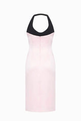 Halter Black-and-Pink Paneled Satin Midi Dress