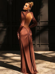 High-Neck Waist Cut-Out Ruched Maxi Dress