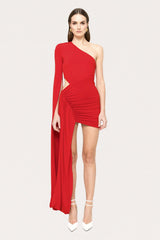 Asymmetric One-Shoulder Waist-Cutout Ruched Draped Mini Dress