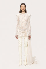 Crew-Neck Rhinestone-Embellished Guipure Lace Long-Sleeve Dress