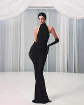 High-Neck Sleeveless Backless Ruched Black Maxi Dress