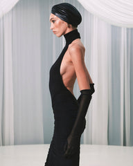 High-Neck Sleeveless Backless Ruched Black Maxi Dress