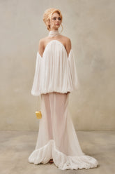 Mesh-Panel High-Neck Draped Double-Layer Dress