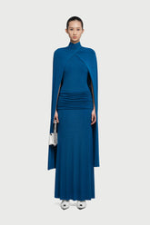 Cape-Drape High-Neck Sleeveless Ruched Knit Dress