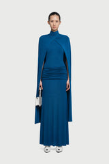 Cape-Drape High-Neck Sleeveless Ruched Knit Dress
