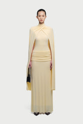 Cape-Drape High-Neck Sleeveless Ruched Knit Dress