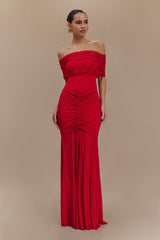 Caspian Slinky And Mesh Off Shoulder Maxi Dress