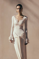 V-Neck Long-Sleeve Lace-Panel Waist-Drape Knit Dress