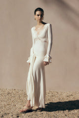 V-Neck Long-Sleeve Lace-Panel Waist-Drape Knit Dress