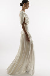 Deep V-Neck Shoulder-Drape Ruched Waist Side-Slit Backless Dress