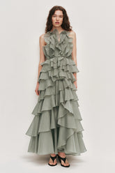 Tiered Ruffle Sleeveless V-Neck Metal-Detail Pale Moss Green Resort Dress