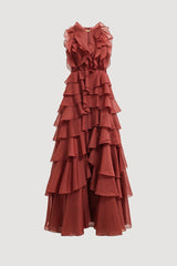 Tiered Ruffle Sleeveless V-Neck Metal-Detail Red Resort Dress