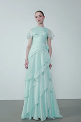 Cap-Shoulder Crew-Neck Floral-Appliqué Waist Tiered Maxi Dress