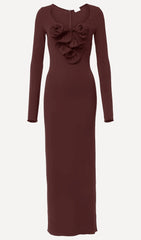 Flower Applied Jersey Maxi Dress Rose Brown