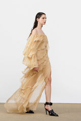 Off-Shoulder Multi-Layer Asymmetric-Ruffle Long-Sleeve Top and Side-Slit Skirt Chiffon Two-Piece Set