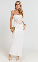 Rania Maxi Dress - Contrast Lace Bodice Bias Cowl Drop Waist Dress in Cream