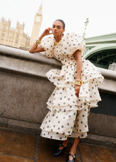 Polka Dot Lantern Sleeve Ruched Waist Top Tiered Skirt Set
