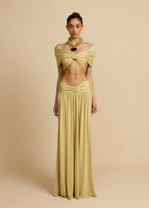 V-Neck Drop Shoulder Twist Detail Top & Draped Ruched Maxi Skirt