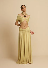 V-Neck Drop Shoulder Twist Detail Top & Draped Ruched Maxi Skirt