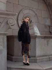 V-Neck Front-Center Cut-Out Set-In -Sleeve Ruched Cocoon Lace Dress