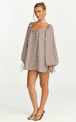 Brixton Mini Dress - Square Neck Smock Dress in Chocolate
