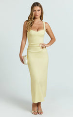 Benita Midi Dress - Scoop Neck Ruched Fitted Dress in Lemon