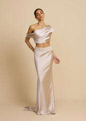 Satin Draped Asymmetric Neckline Top & Lace Panel Midi Skirt Set