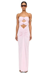 Strapless Front-Knot Cutout Ruched Maxi Dress