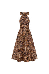 Halter Tie-Back Leopard A-Line Backless Bow-Detail Dress