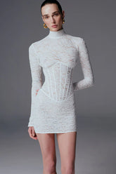 High-Neck Long-Sleeve Corset-Inspired Lace Mini Dress