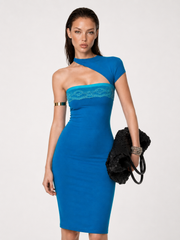 Blue Asymmetric-Shoulder Lace-Trim Bust Bodycon Midi Dress