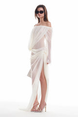 Off-shoulder draped sheer dress