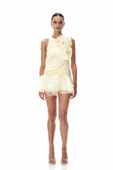 Sleeveless Cutout Mini Dress with 3D Floral Appliqué