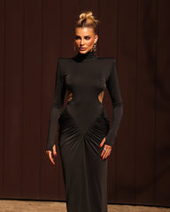 High-Neck Waist Cut-Out Ruched Maxi Dress